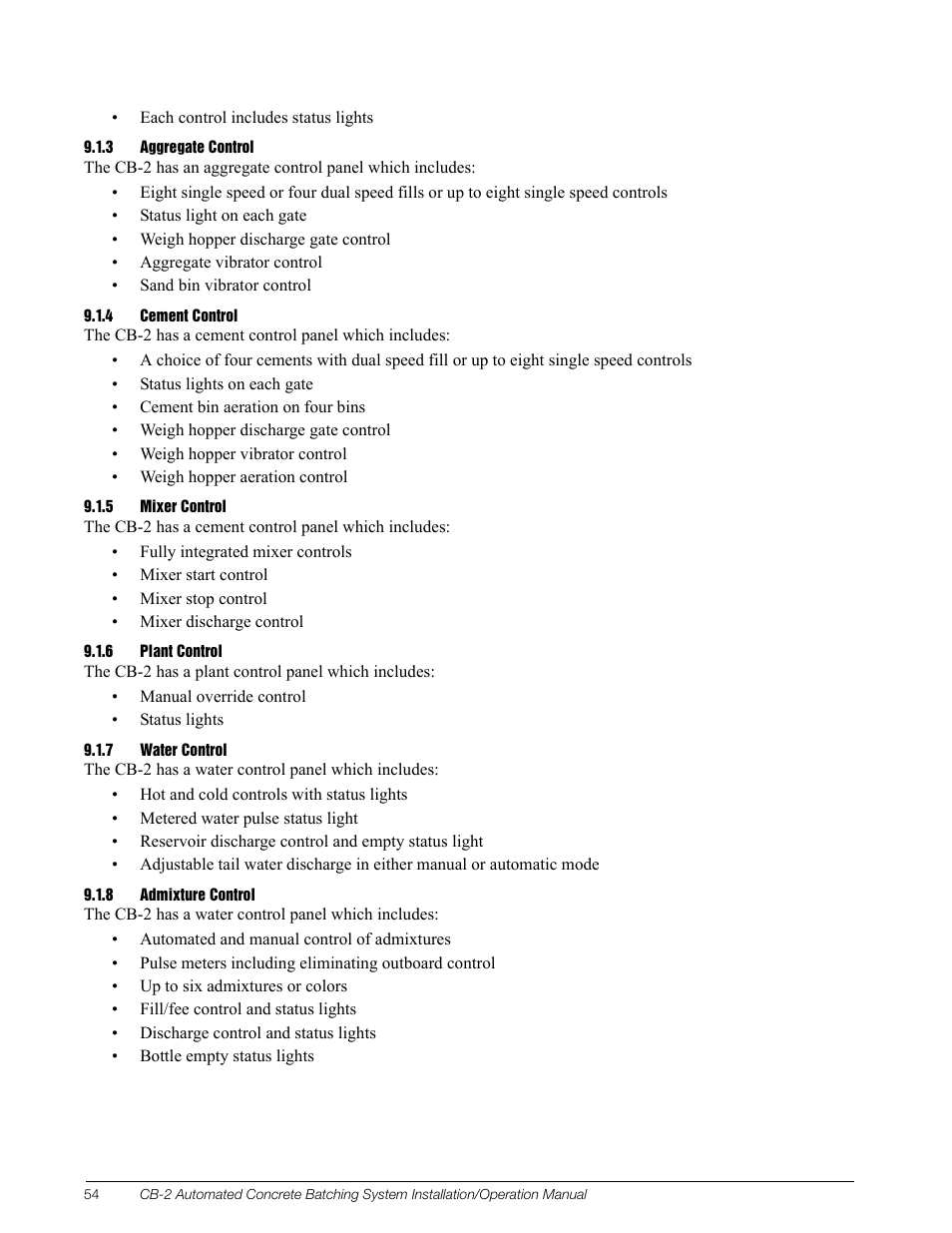 3 aggregate control, 4 cement control, 5 mixer control | 6 plant control, 7 water control, 8 admixture control, Aggregate control, Cement control, Mixer control, Plant control | Rice Lake CB-2 Concrete Batch Controller Version 1.0 User Manual | Page 58 / 60