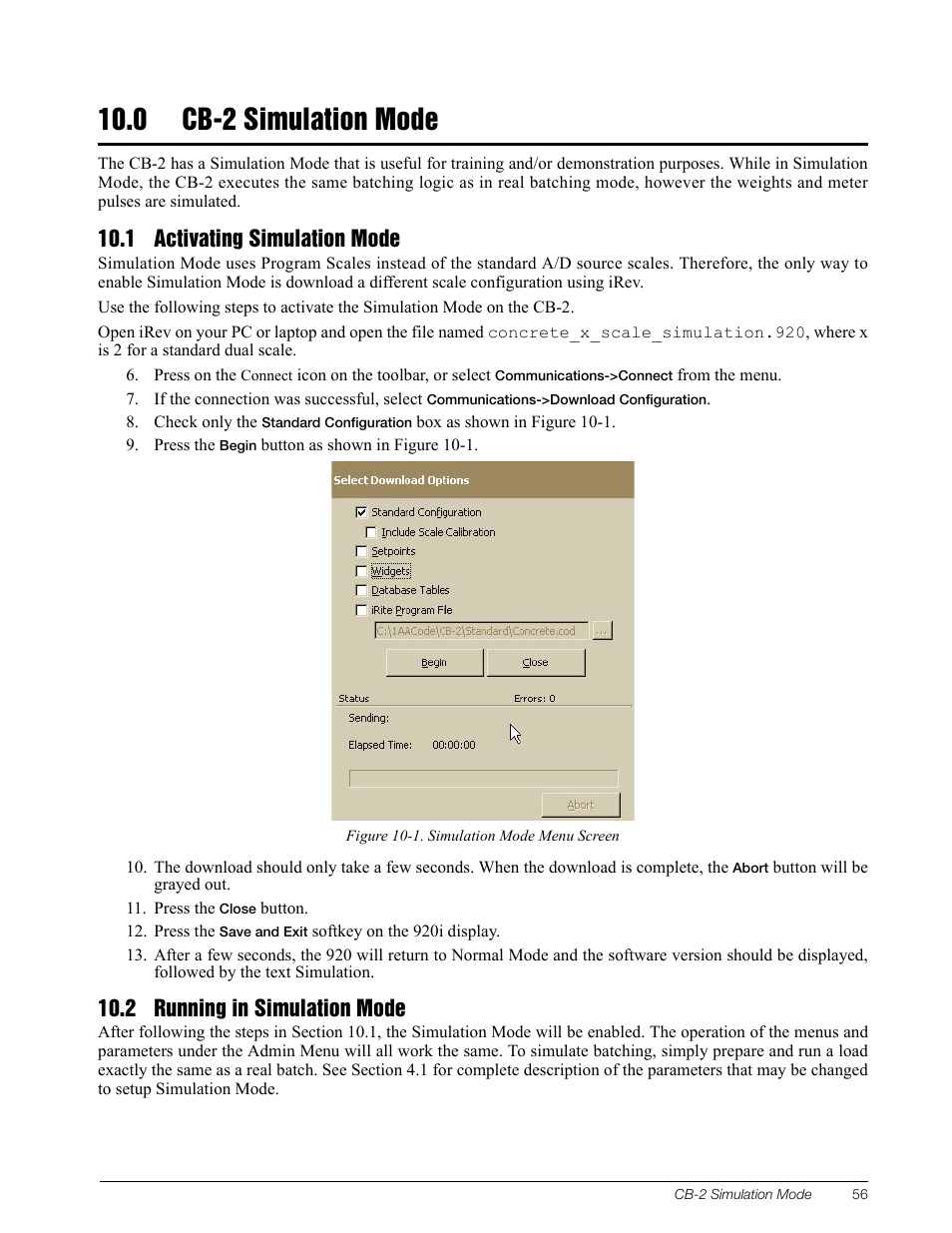 0 cb-2 simulation mode, 1 activating simulation mode, 2 running in simulation mode | Cb-2 simulation mode | Rice Lake CB-2 Concrete Batch Controller Version 1.0 User Manual | Page 59 / 60