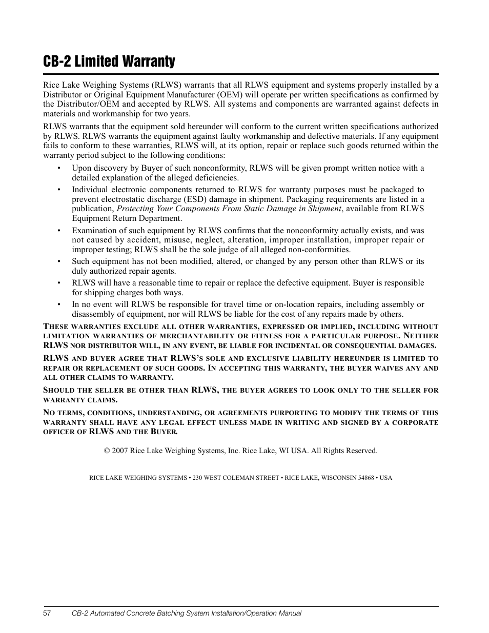 Cb-2 limited warranty | Rice Lake CB-2 Concrete Batch Controller Version 1.0 User Manual | Page 60 / 60