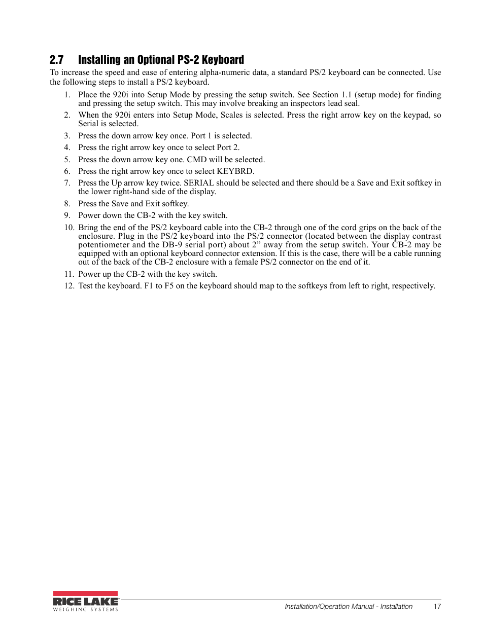 7 installing an optional ps-2 keyboard | Rice Lake CB-2 Concrete Batch Controller Version 2.0 User Manual | Page 21 / 91