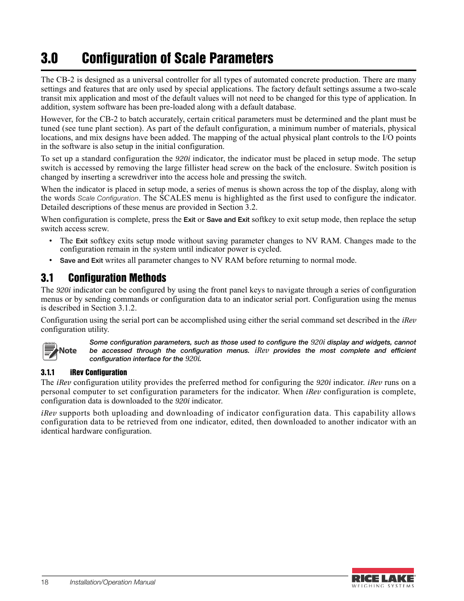 0 configuration of scale parameters, 1 configuration methods, 1 irev configuration | Configuration of scale parameters, Irev configuration | Rice Lake CB-2 Concrete Batch Controller Version 2.0 User Manual | Page 22 / 91