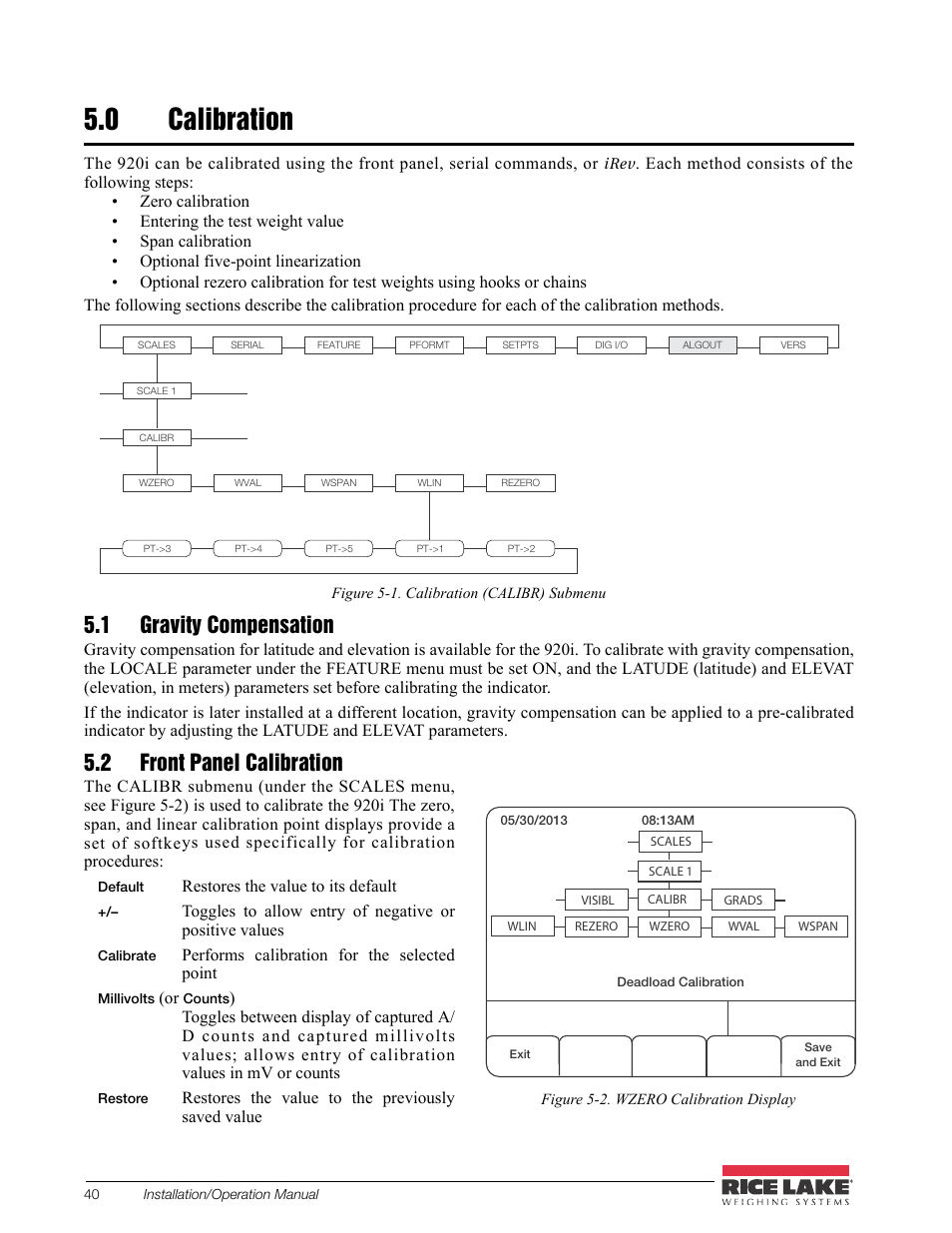 0 calibration, 1 gravity compensation, 2 front panel calibration | Calibration, 1 gravity compensation 5.2 front panel calibration | Rice Lake CB-2 Concrete Batch Controller Version 2.0 User Manual | Page 44 / 91