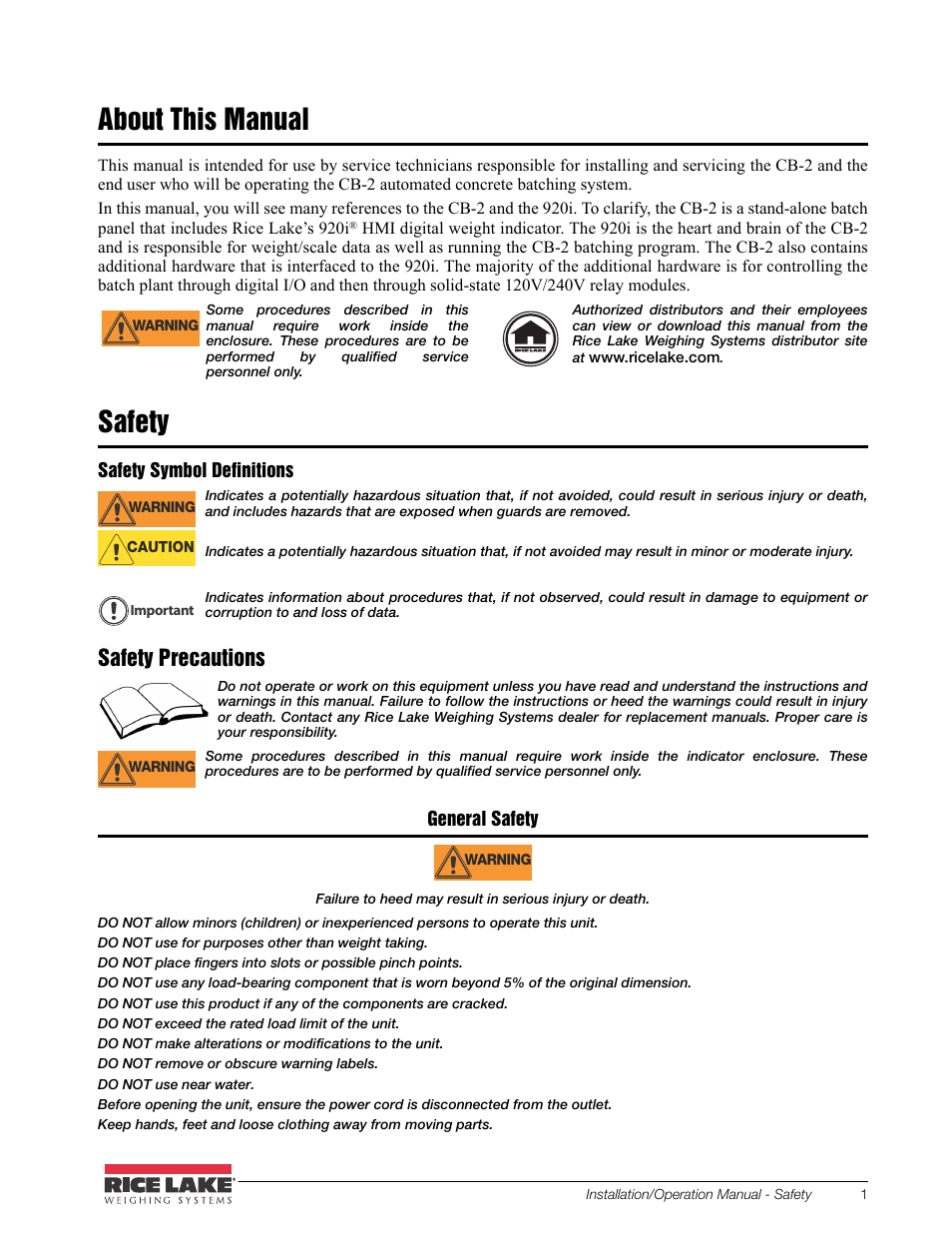 Rice Lake CB-2 Concrete Batch Controller Version 2.0 User Manual | Page 5 / 91