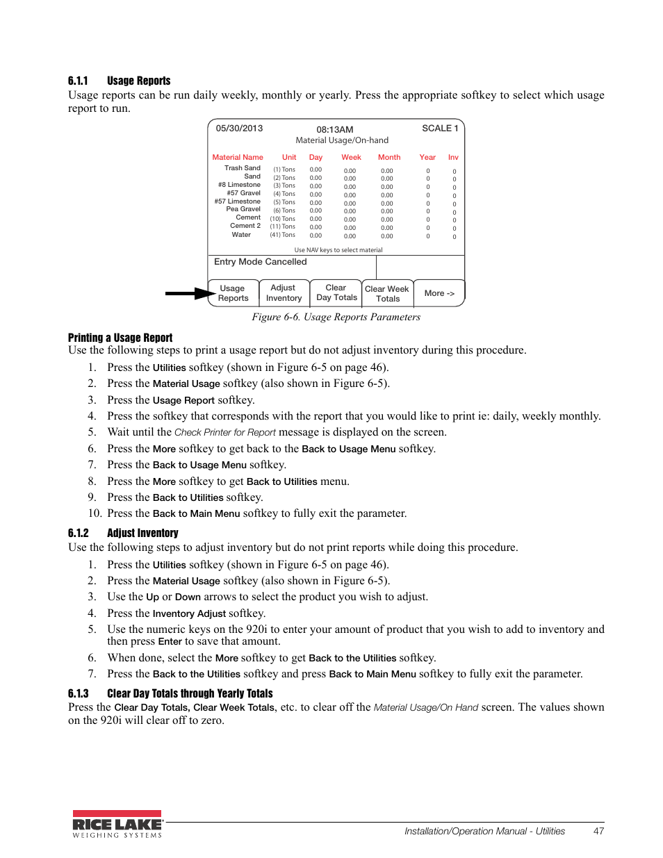 1 usage reports, 2 adjust inventory, 3 clear day totals through yearly totals | Usage reports, Adjust inventory, Clear day totals through yearly totals | Rice Lake CB-2 Concrete Batch Controller Version 2.0 User Manual | Page 51 / 91