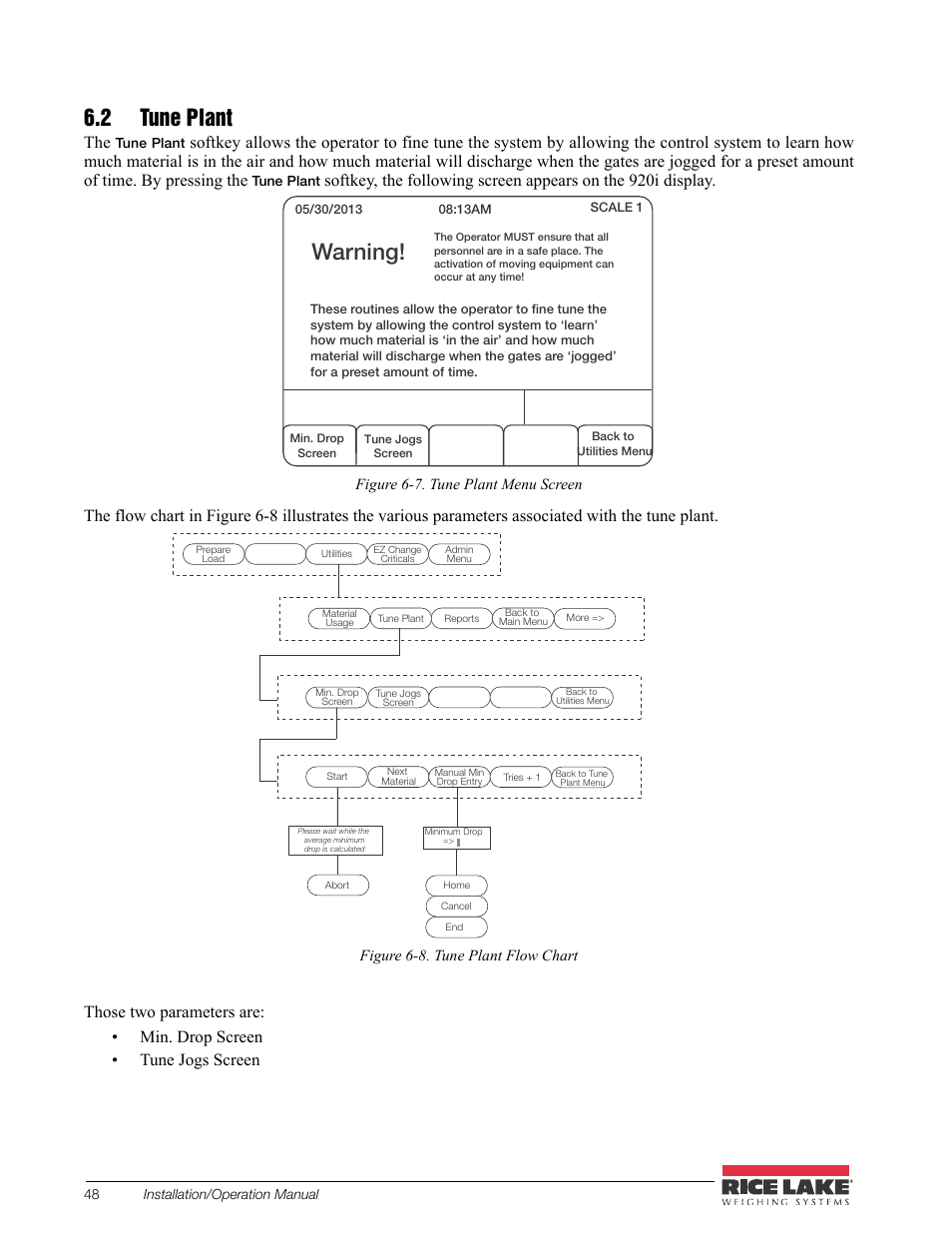 2 tune plant, Warning | Rice Lake CB-2 Concrete Batch Controller Version 2.0 User Manual | Page 52 / 91