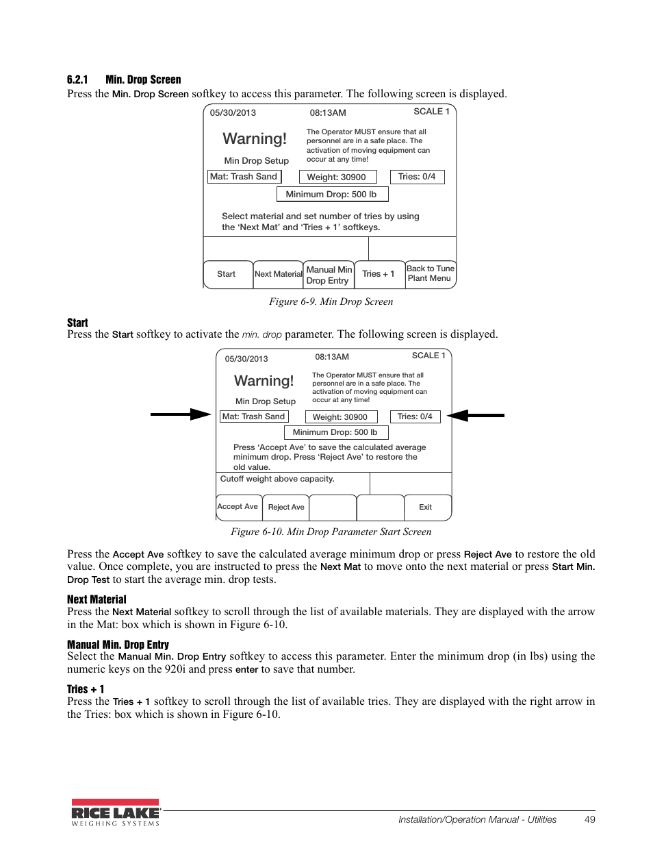 1 min. drop screen, Min. drop screen, Warning | Rice Lake CB-2 Concrete Batch Controller Version 2.0 User Manual | Page 53 / 91