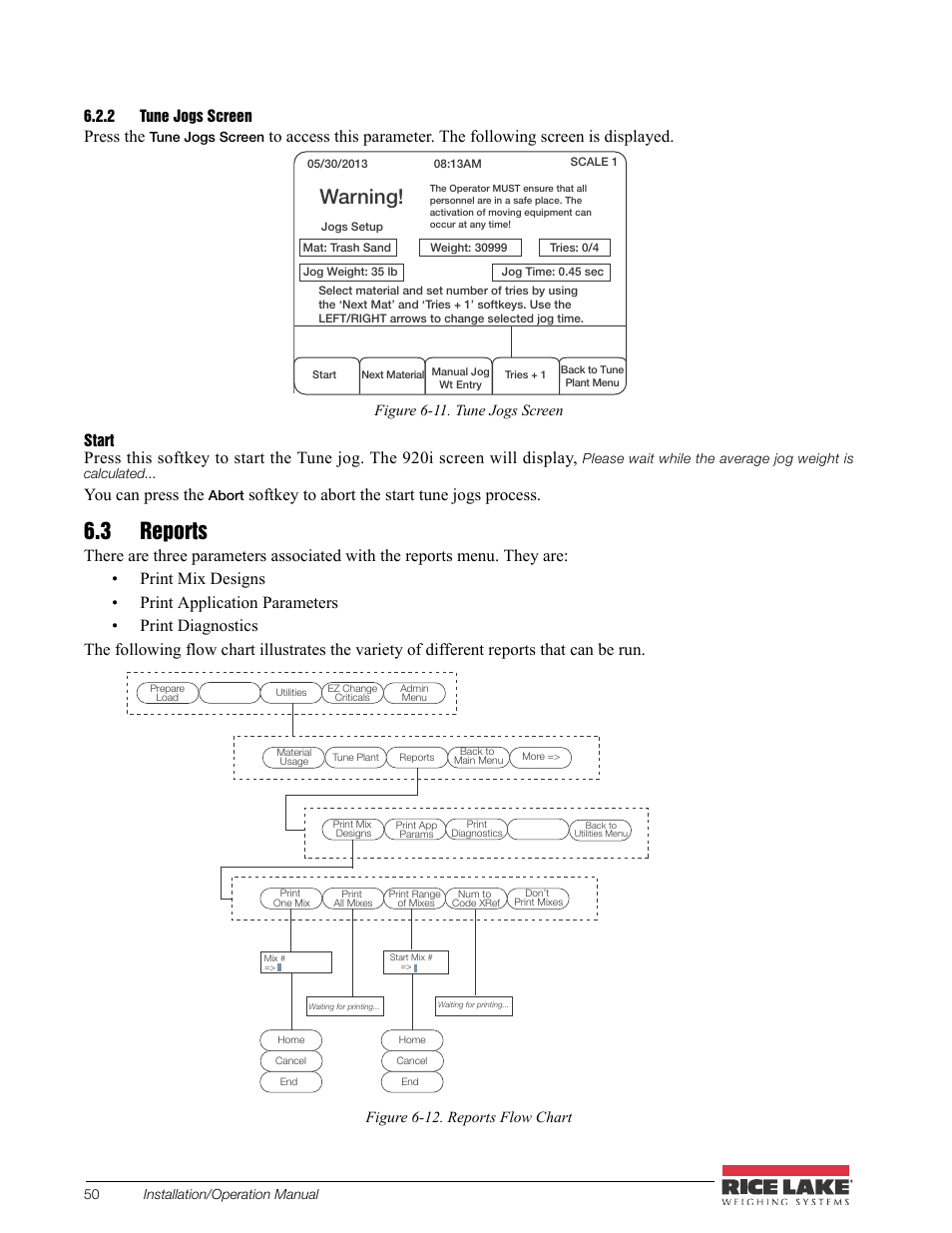 2 tune jogs screen, 3 reports, Tune jogs screen | Warning, Press the, You can press the, Softkey to abort the start tune jogs process | Rice Lake CB-2 Concrete Batch Controller Version 2.0 User Manual | Page 54 / 91