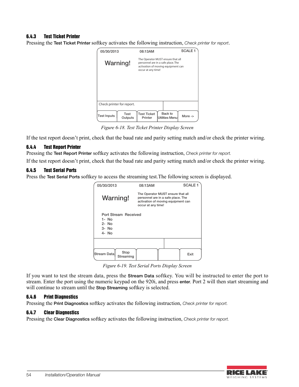 3 test ticket printer, 4 test report printer, 5 test serial ports | 6 print diagnostics, 7 clear diagnostics, Test ticket printer, Test report printer, Test serial ports, Print diagnostics, Clear diagnostics | Rice Lake CB-2 Concrete Batch Controller Version 2.0 User Manual | Page 58 / 91