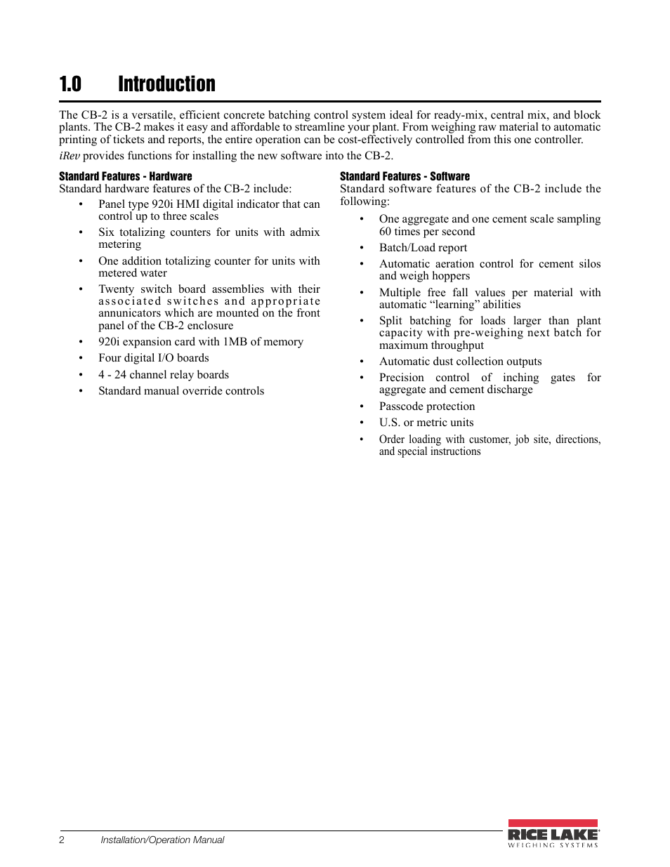 0 introduction, Introduction | Rice Lake CB-2 Concrete Batch Controller Version 2.0 User Manual | Page 6 / 91