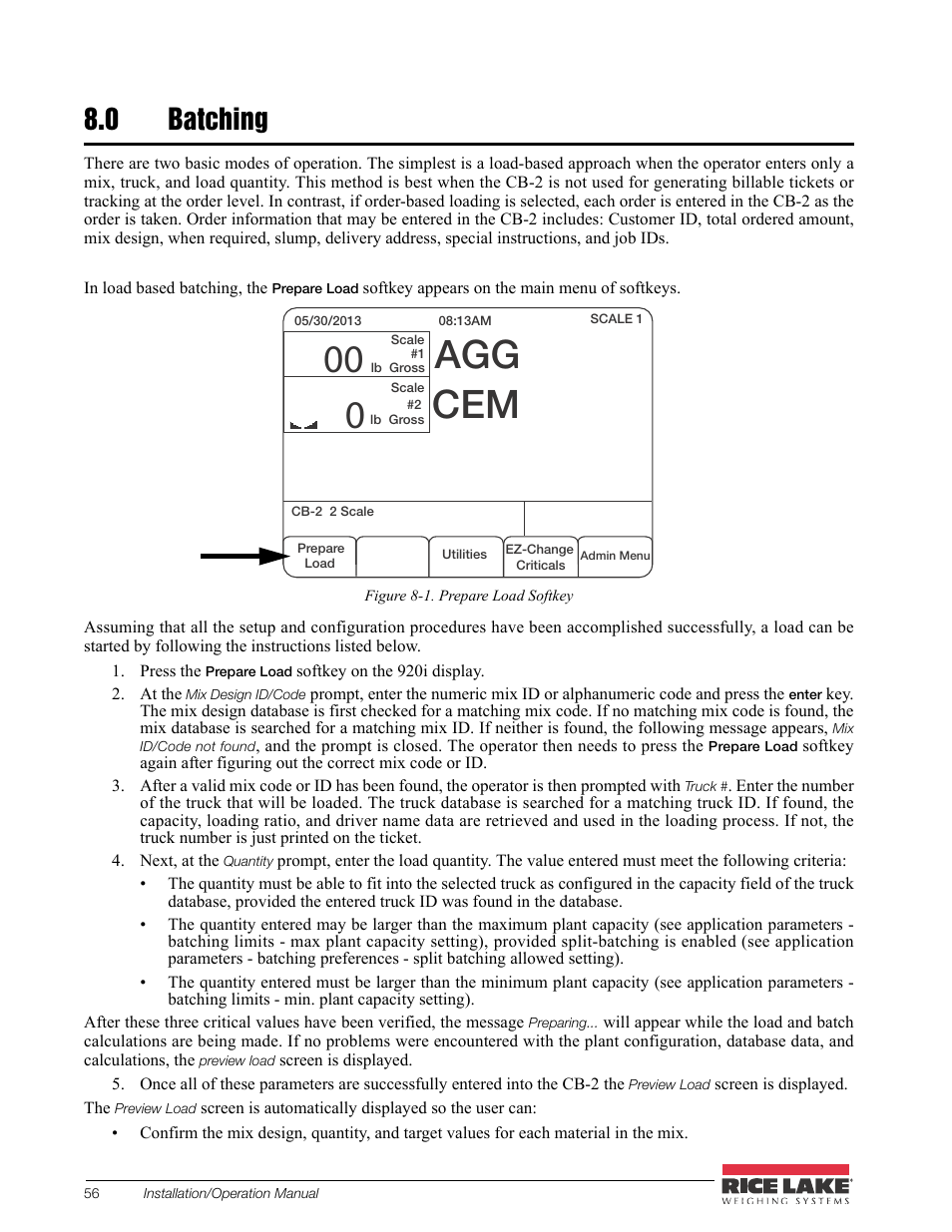 0 batching, Batching, Agg cem | Rice Lake CB-2 Concrete Batch Controller Version 2.0 User Manual | Page 60 / 91