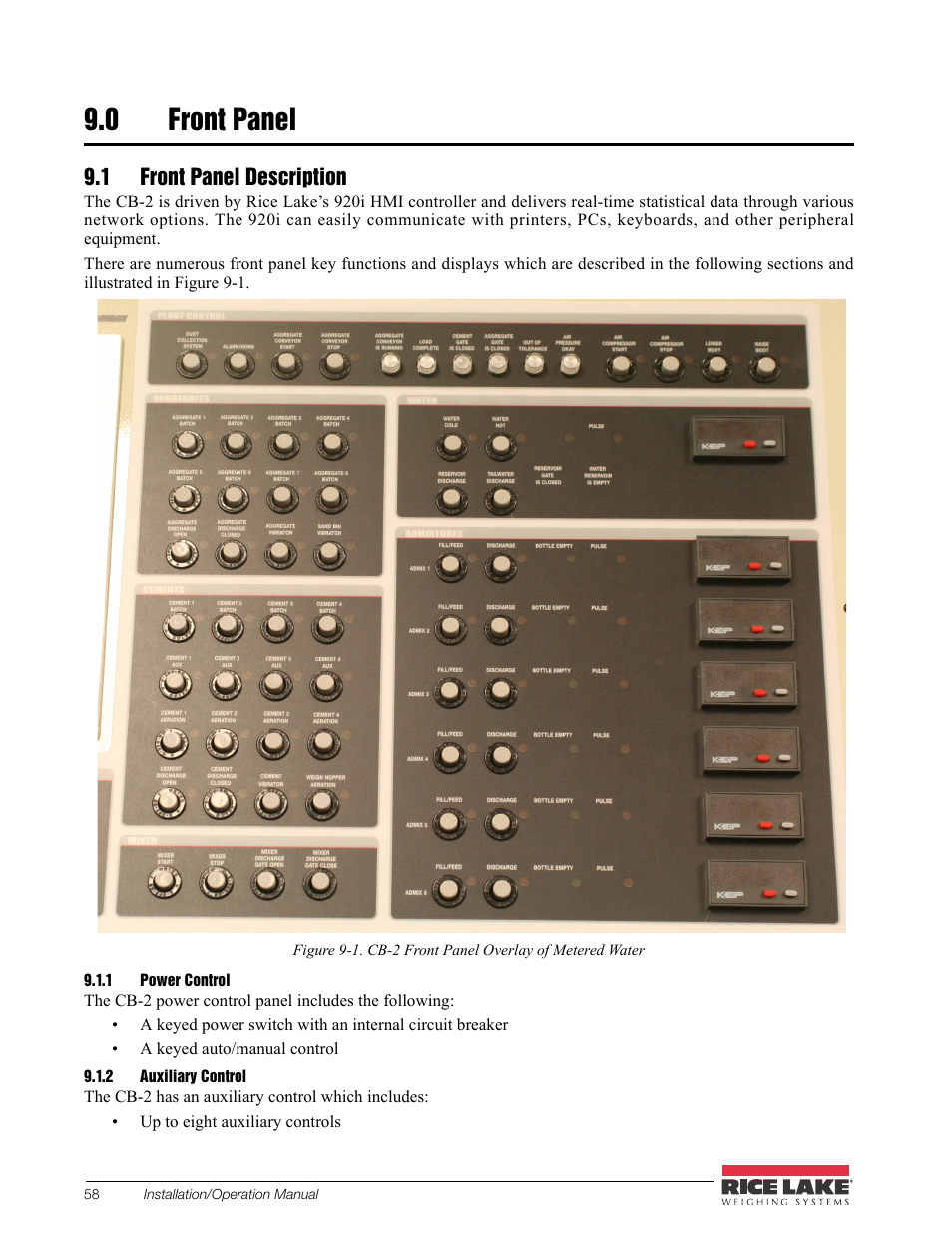 0 front panel, 1 front panel description, 1 power control | 2 auxiliary control, Front panel, Power control, Auxiliary control | Rice Lake CB-2 Concrete Batch Controller Version 2.0 User Manual | Page 62 / 91