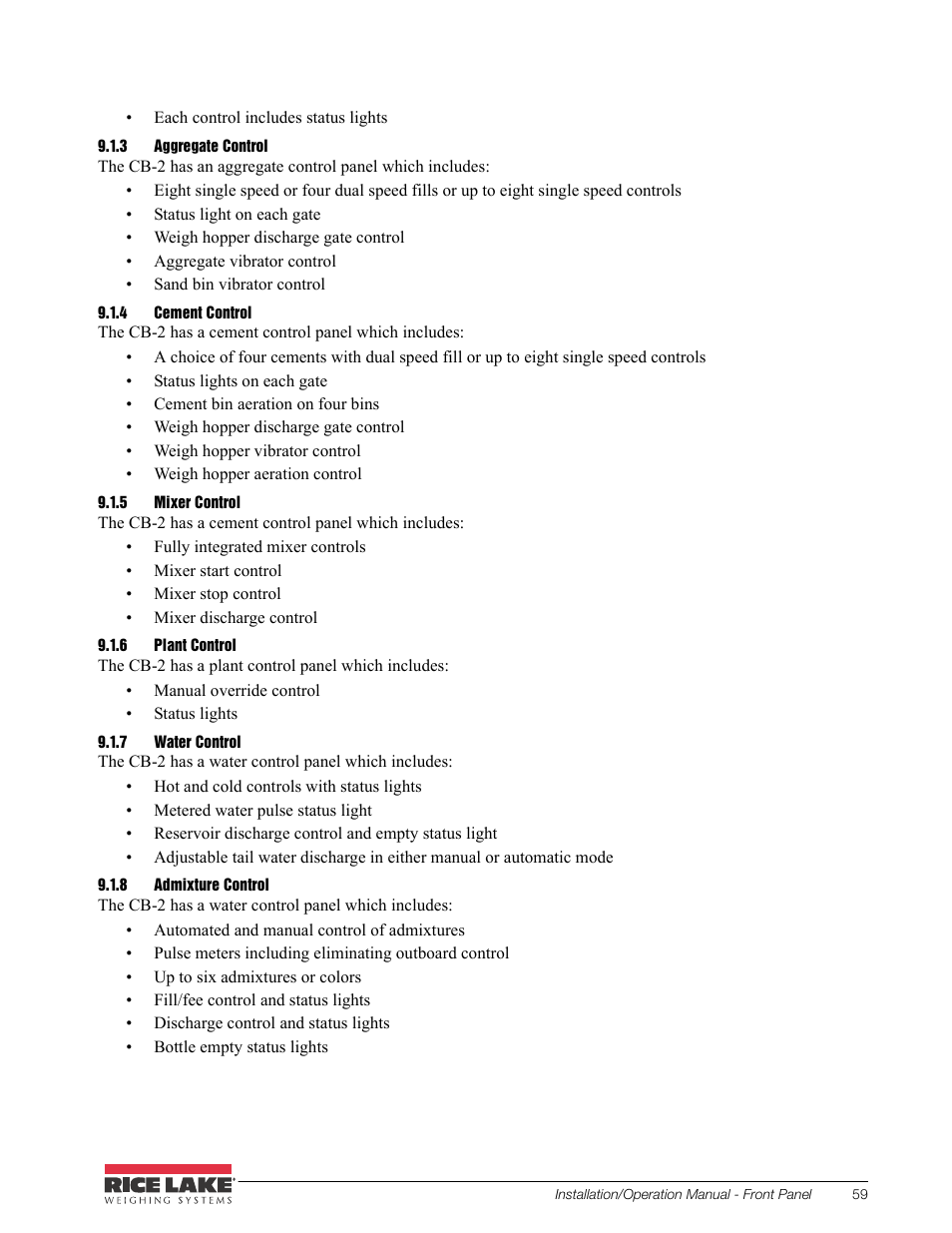 3 aggregate control, 4 cement control, 5 mixer control | 6 plant control, 7 water control, 8 admixture control, Aggregate control, Cement control, Mixer control, Plant control | Rice Lake CB-2 Concrete Batch Controller Version 2.0 User Manual | Page 63 / 91