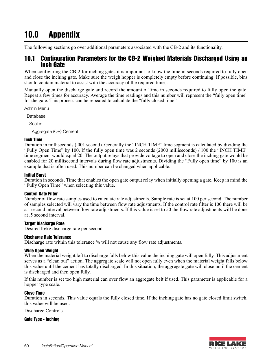 0 appendix, Appendix | Rice Lake CB-2 Concrete Batch Controller Version 2.0 User Manual | Page 64 / 91