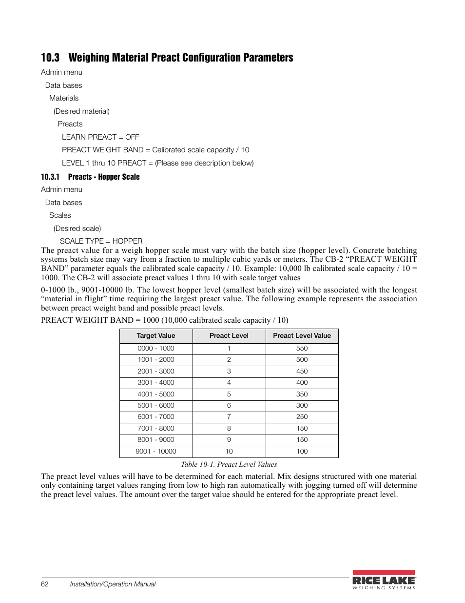 1 preacts - hopper scale, Preacts - hopper scale | Rice Lake CB-2 Concrete Batch Controller Version 2.0 User Manual | Page 66 / 91