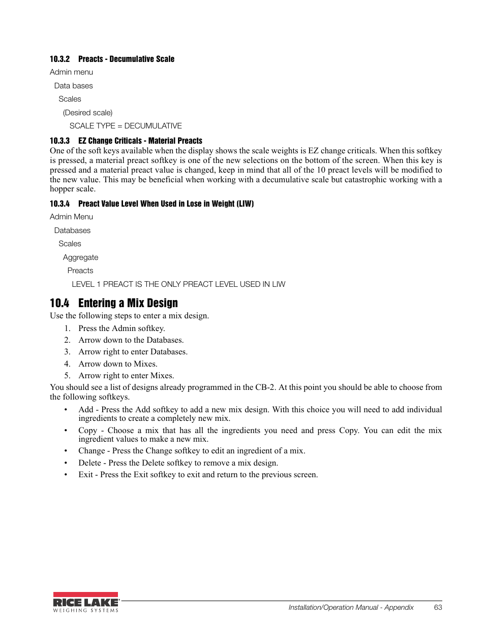 2 preacts - decumulative scale, 3 ez change criticals - material preacts, 4 entering a mix design | Preacts - decumulative scale, Ez change criticals - material preacts | Rice Lake CB-2 Concrete Batch Controller Version 2.0 User Manual | Page 67 / 91