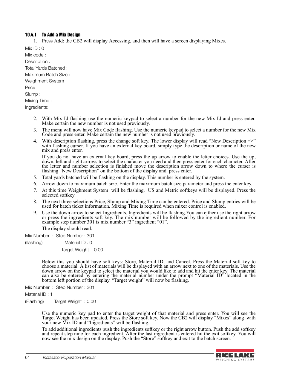 1 to add a mix design, To add a mix design | Rice Lake CB-2 Concrete Batch Controller Version 2.0 User Manual | Page 68 / 91