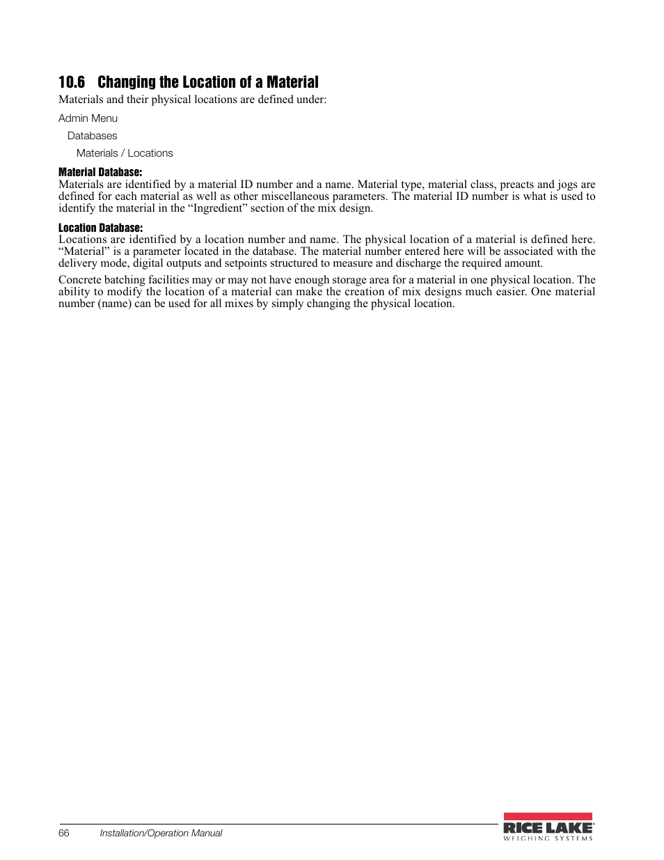 6 changing the location of a material | Rice Lake CB-2 Concrete Batch Controller Version 2.0 User Manual | Page 70 / 91