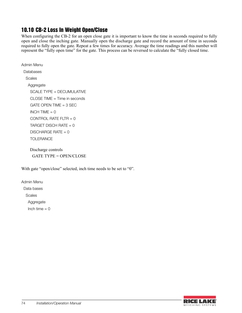 10 cb-2 loss in weight open/close | Rice Lake CB-2 Concrete Batch Controller Version 2.0 User Manual | Page 78 / 91