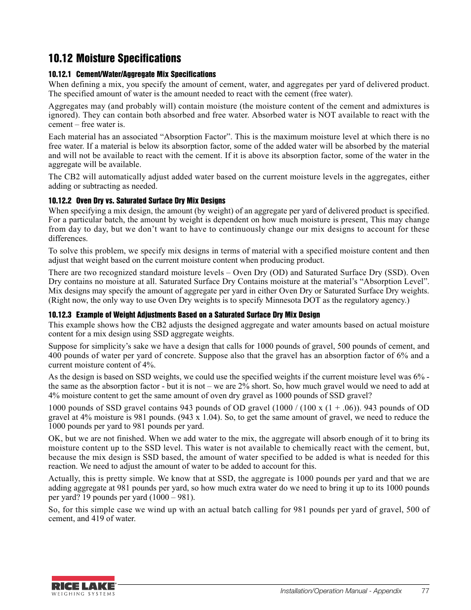 12 moisture specifications, 1 cement/water/aggregate mix specifications, 2 oven dry vs. saturated surface dry mix designs | Rice Lake CB-2 Concrete Batch Controller Version 2.0 User Manual | Page 81 / 91