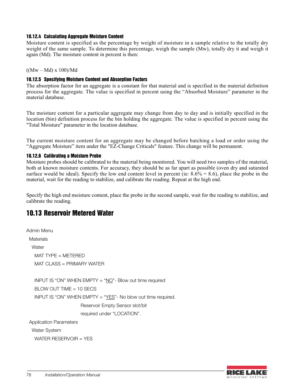 4 calculating aggregate moisture content, 6 calibrating a moisture probe, 13 reservoir metered water | Rice Lake CB-2 Concrete Batch Controller Version 2.0 User Manual | Page 82 / 91