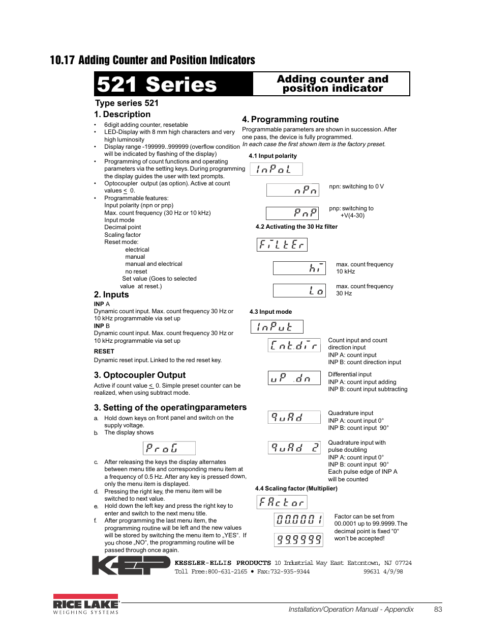 17 adding counter and position indicators, 6hulhv, Gglqj frxqwhu dqg srvlwlrq lqglfdwru | Type series 521, Setting of the operatingparameters, Programming routine, Description, Inputs, Optocoupler output | Rice Lake CB-2 Concrete Batch Controller Version 2.0 User Manual | Page 87 / 91