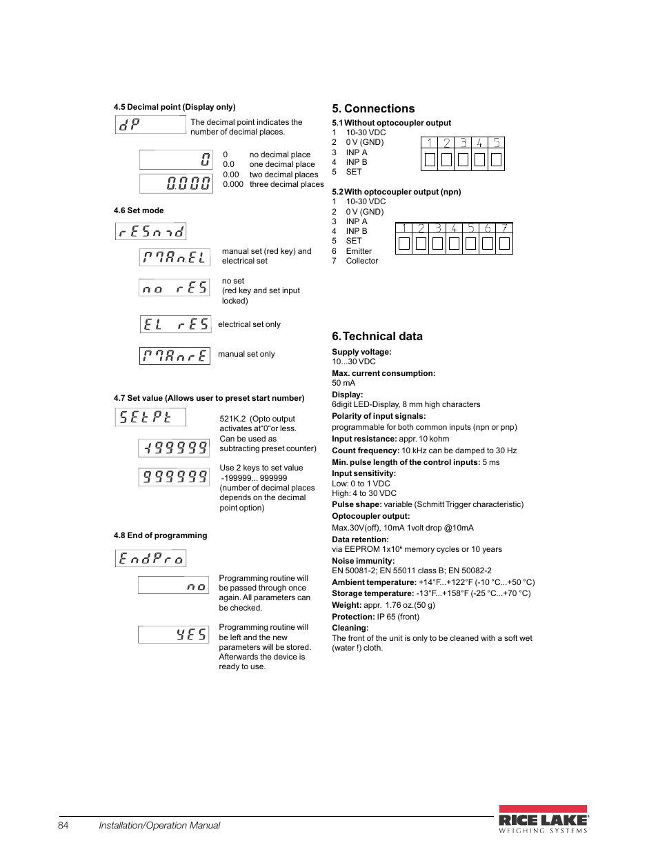 Technical data, Connections | Rice Lake CB-2 Concrete Batch Controller Version 2.0 User Manual | Page 88 / 91