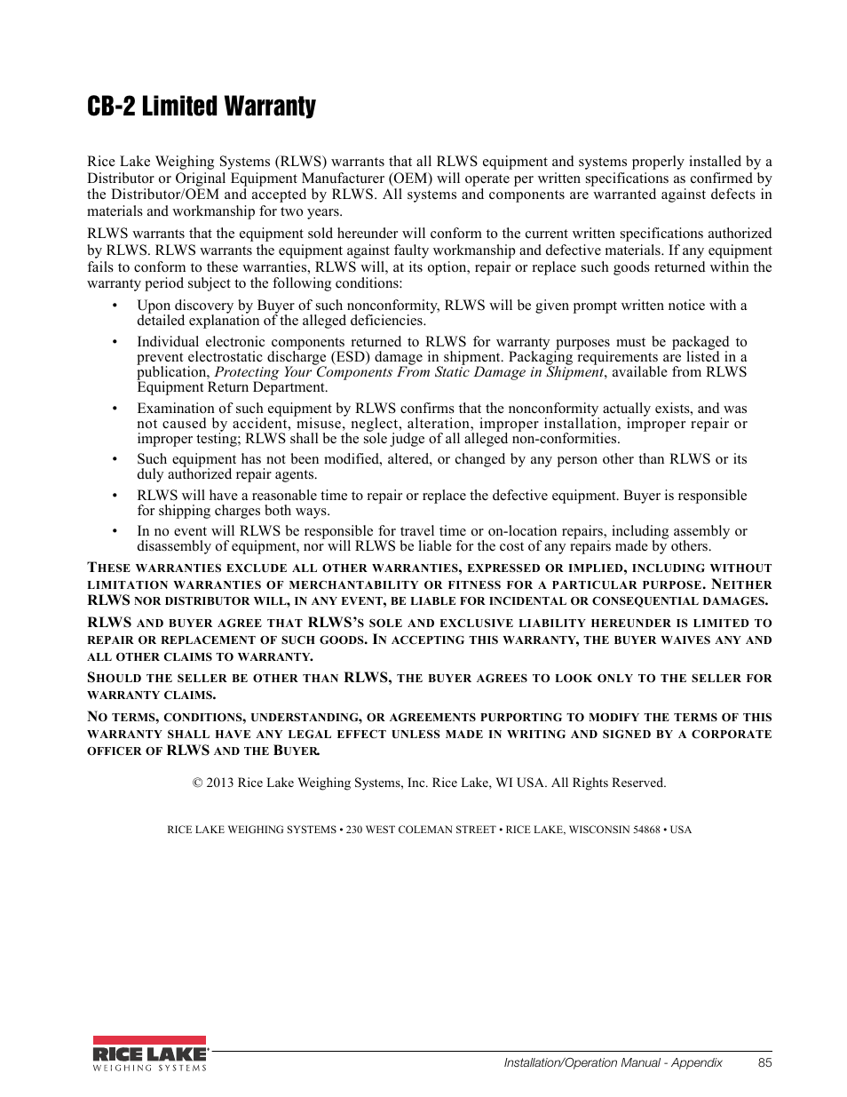 Cb-2 limited warranty | Rice Lake CB-2 Concrete Batch Controller Version 2.0 User Manual | Page 89 / 91