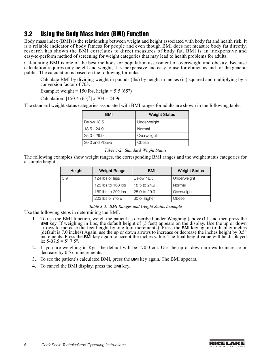 2 using the body mass index (bmi) function | Rice Lake Chair Scales User Manual | Page 10 / 32