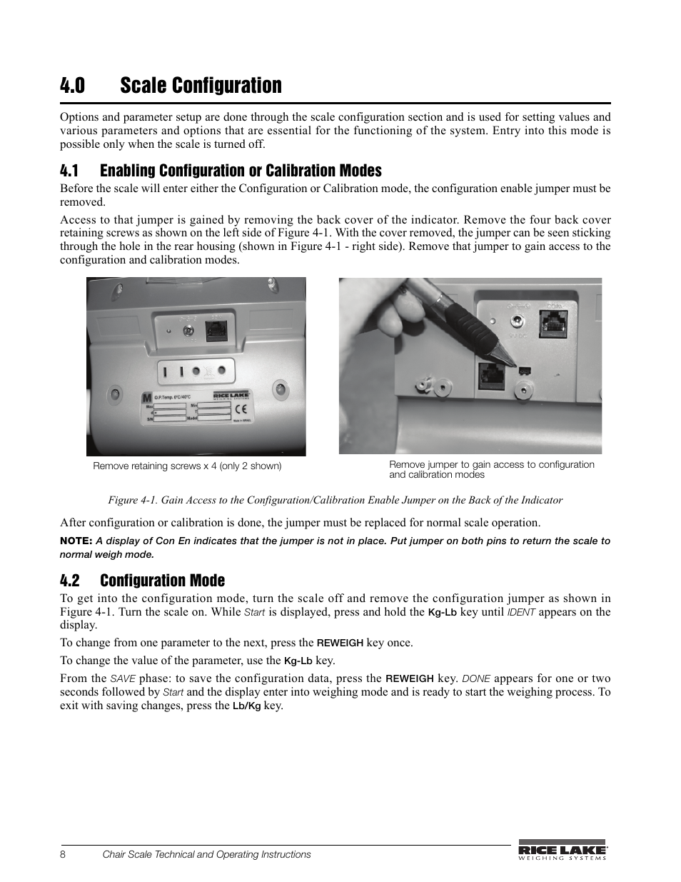 0 scale configuration, 1 enabling configuration or calibration modes, 2 configuration mode | Rice Lake Chair Scales User Manual | Page 12 / 32