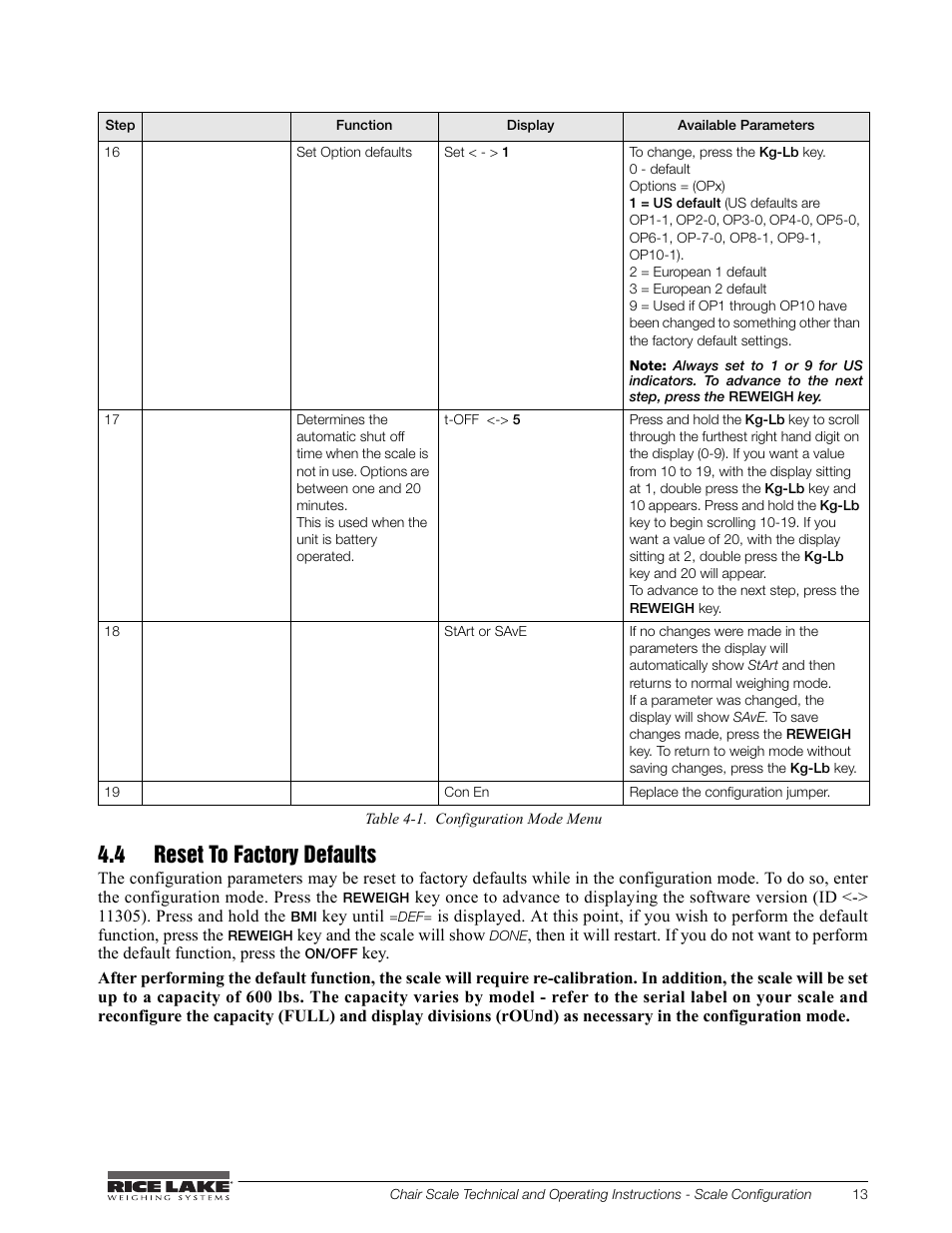 4 reset to factory defaults | Rice Lake Chair Scales User Manual | Page 17 / 32