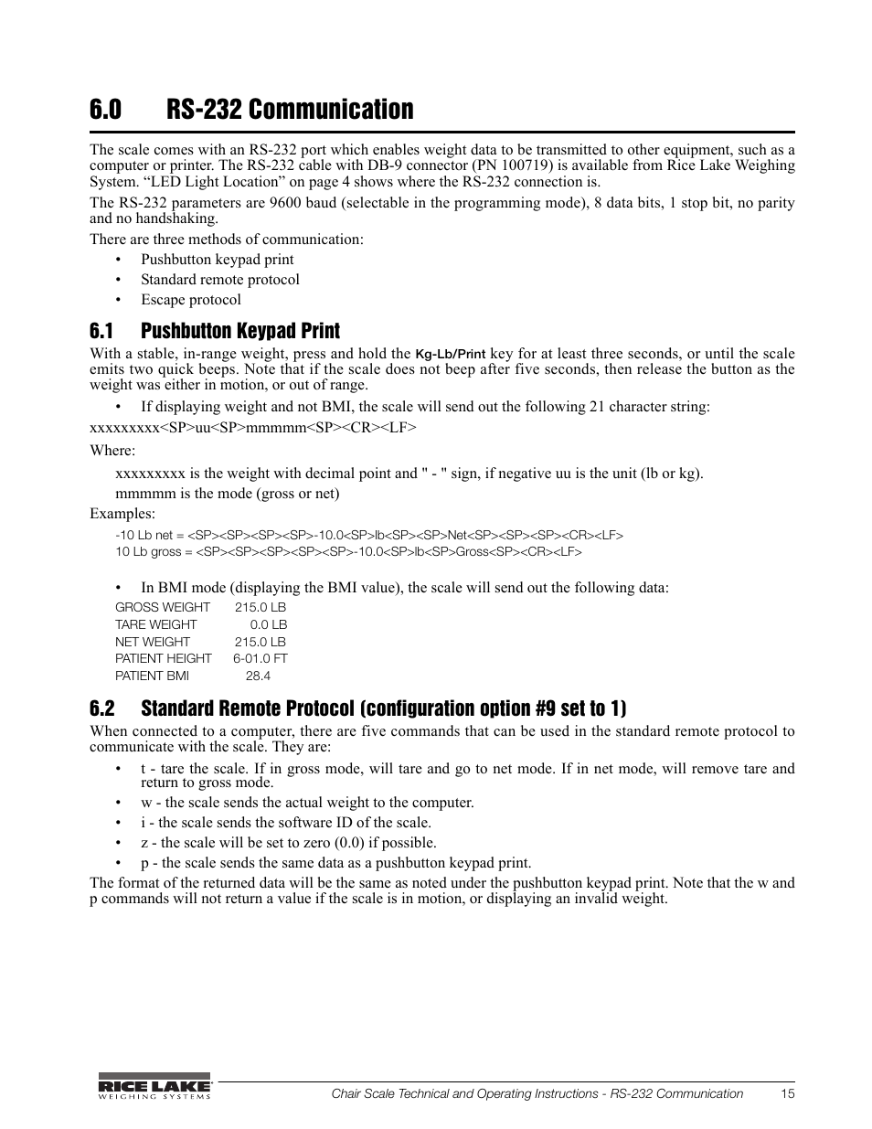 0 rs-232 communication, 1 pushbutton keypad print | Rice Lake Chair Scales User Manual | Page 19 / 32