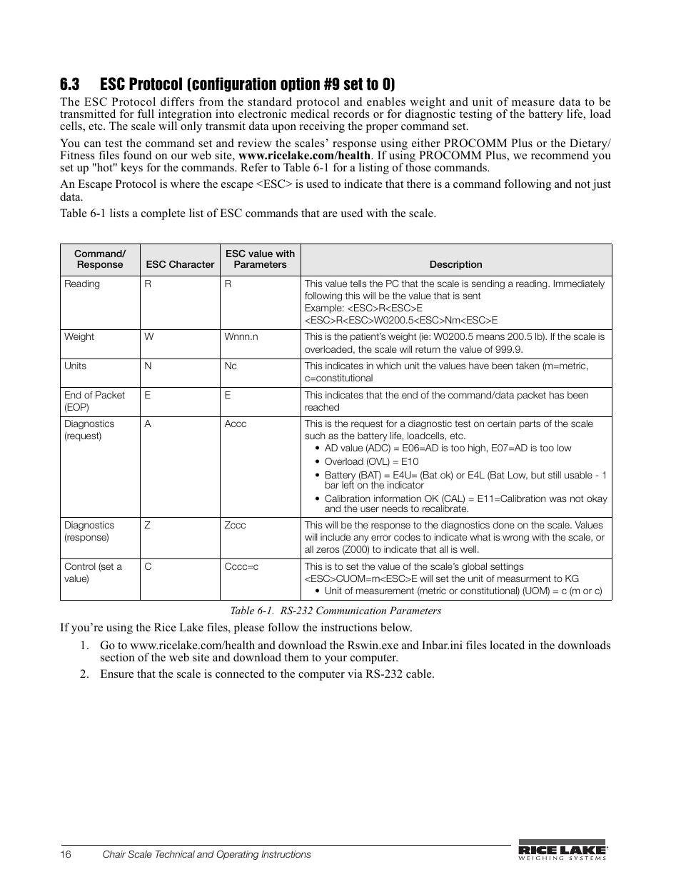 3 esc protocol (configuration option #9 set to 0) | Rice Lake Chair Scales User Manual | Page 20 / 32