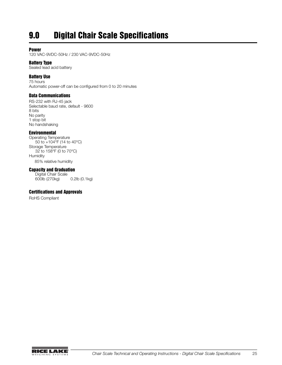 0 digital chair scale specifications | Rice Lake Chair Scales User Manual | Page 29 / 32