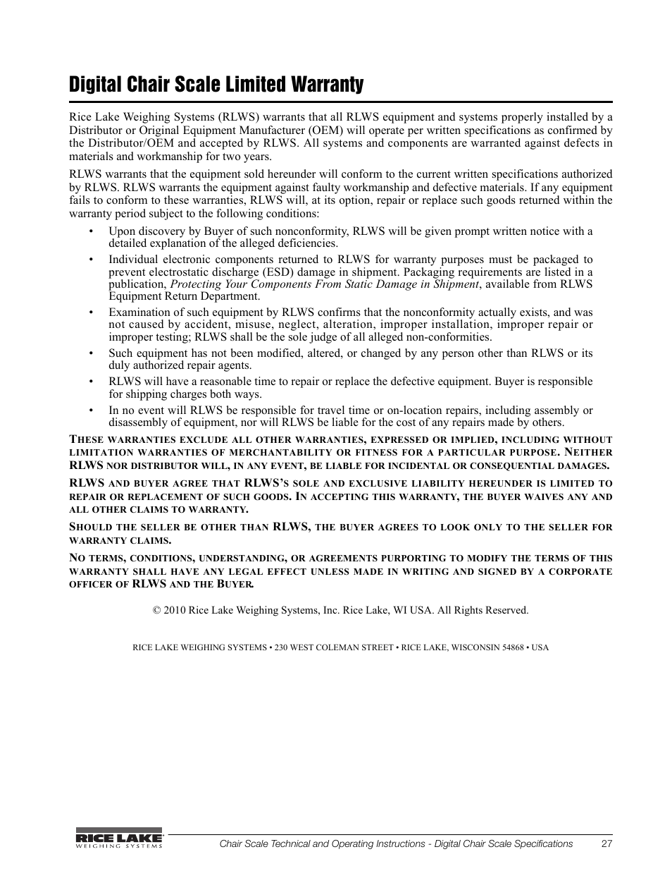 Digital chair scale limited warranty | Rice Lake Chair Scales User Manual | Page 31 / 32