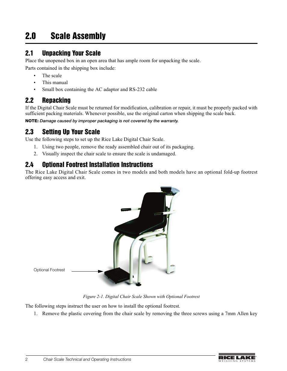 0 scale assembly, 1 unpacking your scale, 2 repacking | 3 setting up your scale, 4 optional footrest installation instructions | Rice Lake Chair Scales User Manual | Page 6 / 32