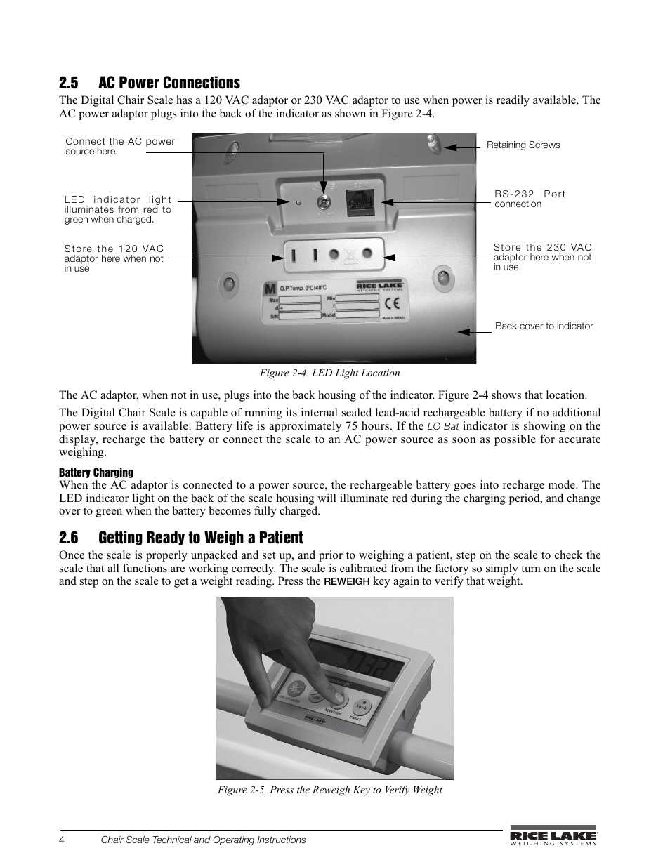 5 ac power connections, 6 getting ready to weigh a patient | Rice Lake Chair Scales User Manual | Page 8 / 32