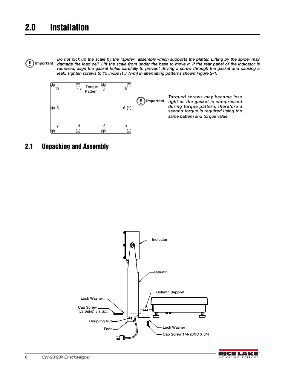 0 installation, 1 unpacking and assembly, Installation | Rice Lake Static Weighing User Manual | Page 10 / 78