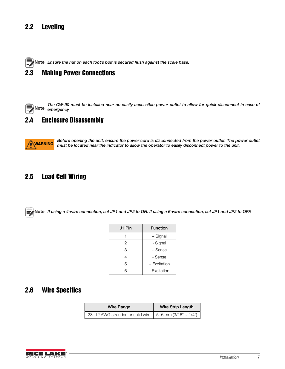 2 leveling, 3 making power connections, 4 enclosure disassembly | 5 load cell wiring, 6 wire specifics | Rice Lake Static Weighing User Manual | Page 11 / 78