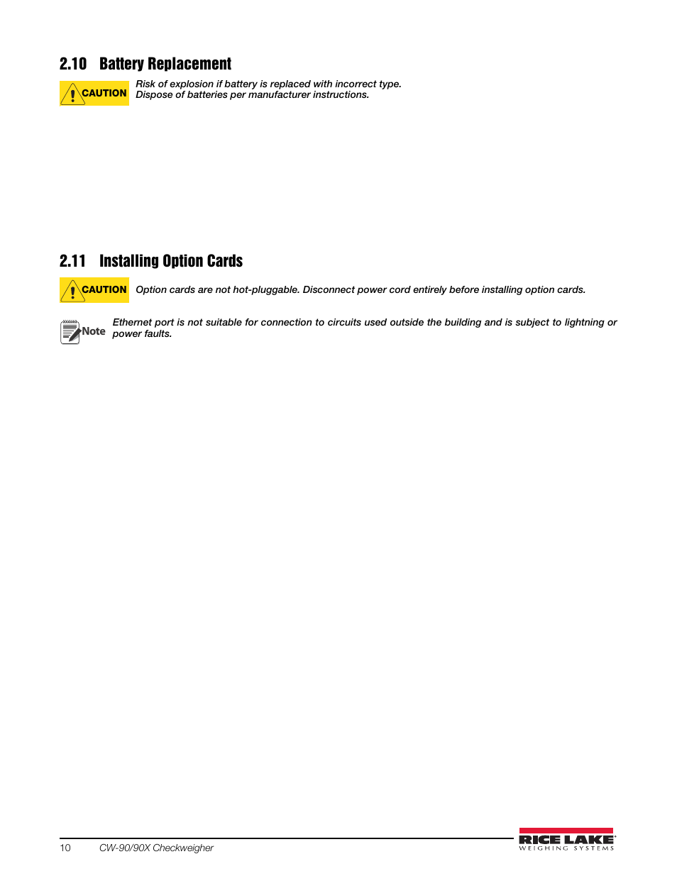 10 battery replacement, 11 installing option cards | Rice Lake Static Weighing User Manual | Page 14 / 78