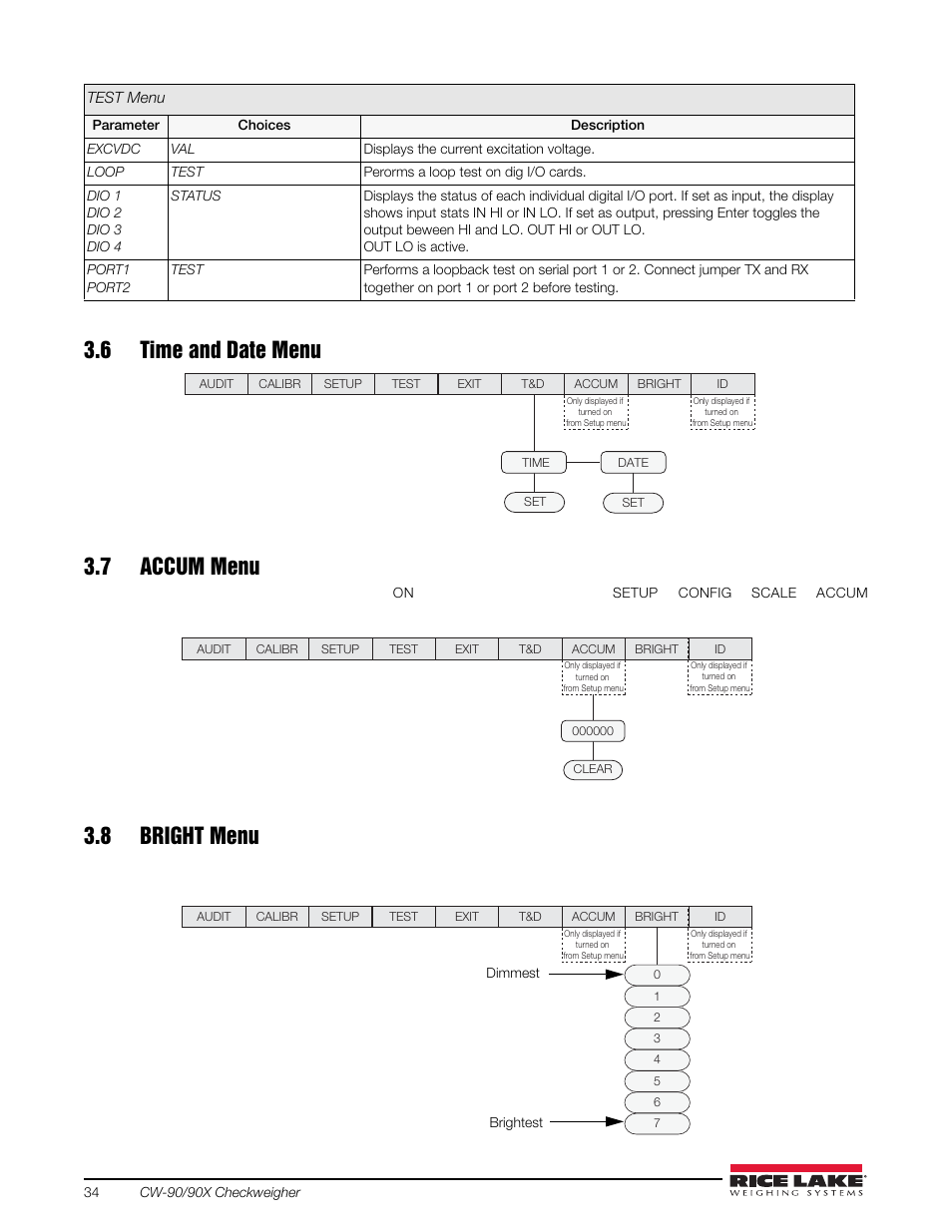 6 time and date menu, 7 accum menu, 8 bright menu | Must be selected from the, Parameter (see figure 3-5 on page 18 ) | Rice Lake Static Weighing User Manual | Page 38 / 78