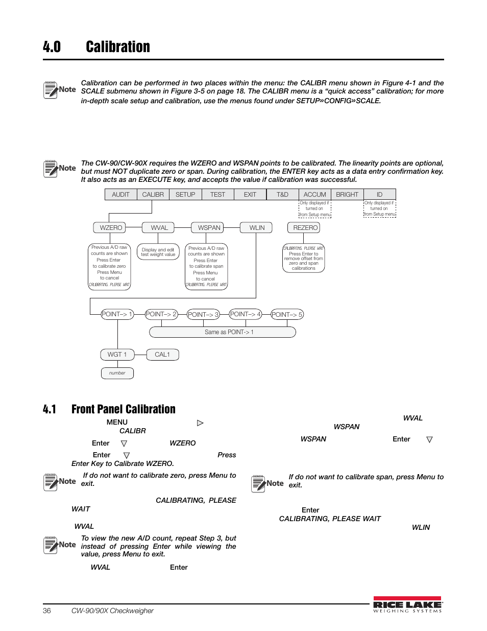 0 calibration, 1 front panel calibration, Calibration | Rice Lake Static Weighing User Manual | Page 40 / 78