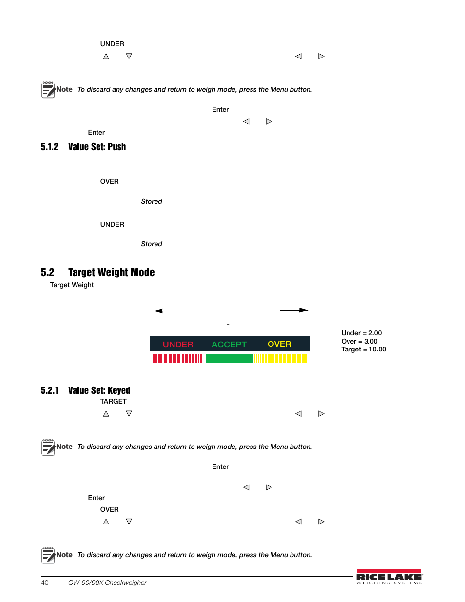 2 value set: push, 2 target weight mode, 1 value set: keyed | Value set: push, Value set: keyed | Rice Lake Static Weighing User Manual | Page 44 / 78