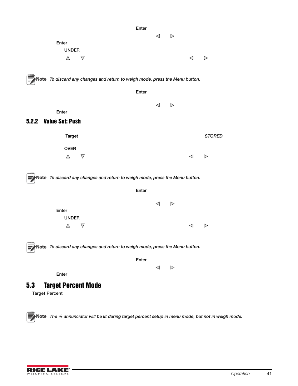 2 value set: push, 3 target percent mode, Value set: push | Rice Lake Static Weighing User Manual | Page 45 / 78