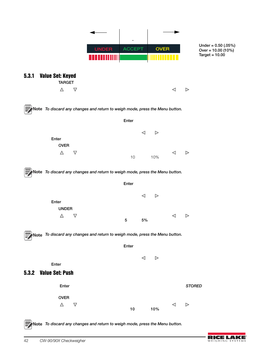 1 value set: keyed, 2 value set: push, Value set: keyed | Value set: push | Rice Lake Static Weighing User Manual | Page 46 / 78