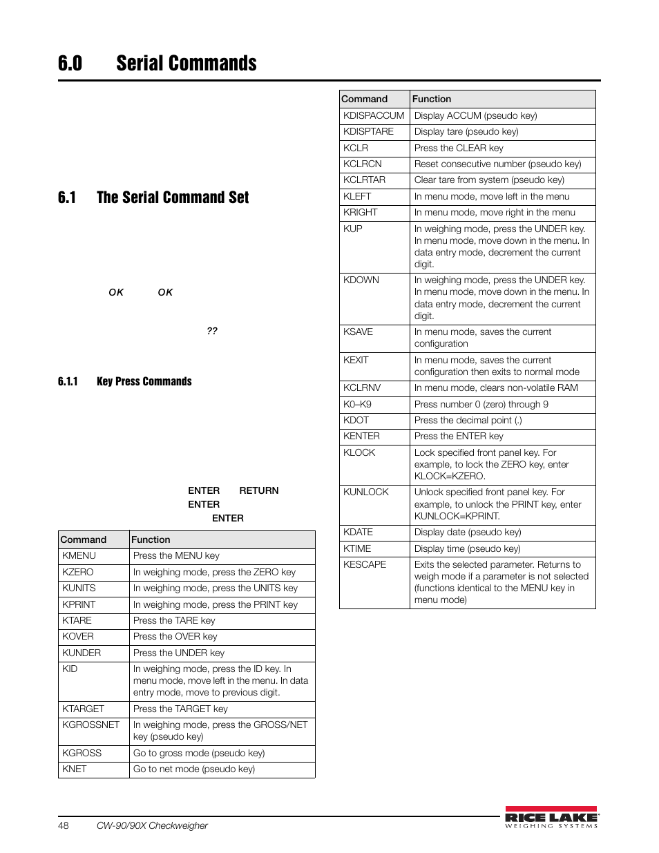 0 serial commands, 1 the serial command set, 1 key press commands | Serial commands, Key press commands | Rice Lake Static Weighing User Manual | Page 52 / 78