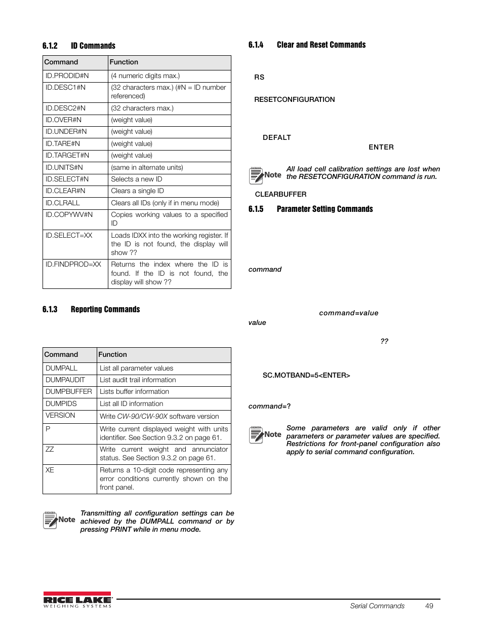 2 id commands, 3 reporting commands, 4 clear and reset commands | 5 parameter setting commands, Id commands, Reporting commands, Clear and reset commands, Parameter setting commands | Rice Lake Static Weighing User Manual | Page 53 / 78