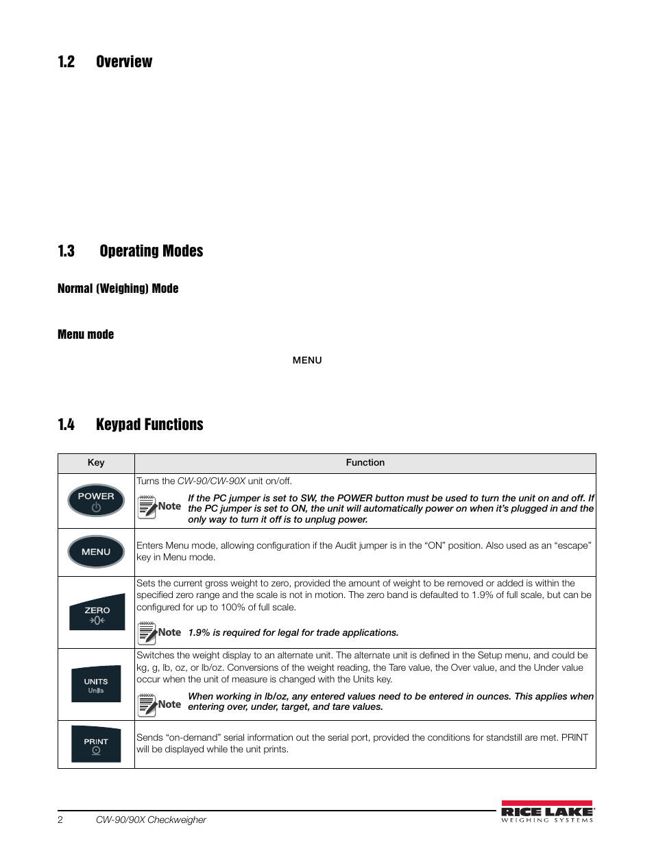 2 overview, 3 operating modes, 4 keypad functions | Rice Lake Static Weighing User Manual | Page 6 / 78
