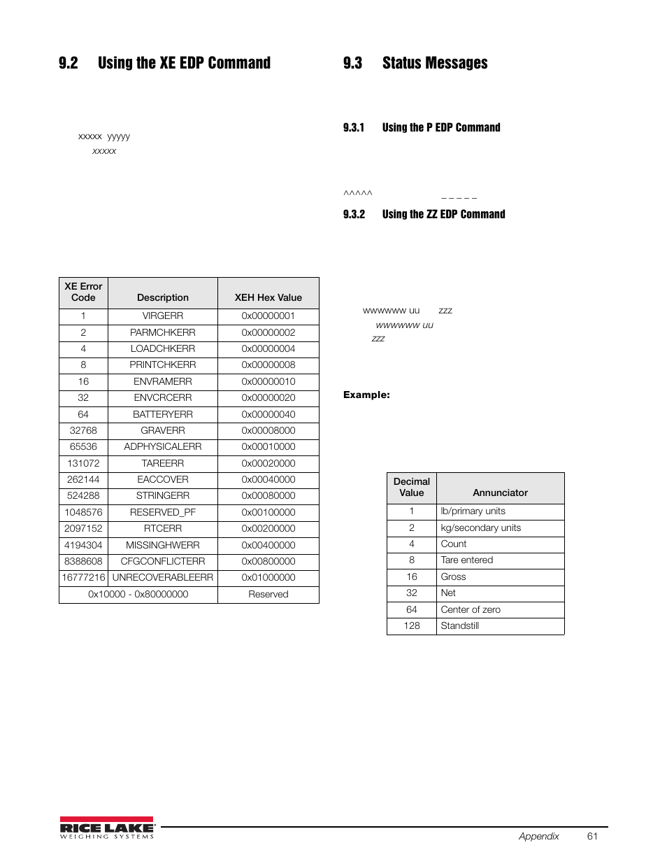 2 using the xe edp command, 3 status messages, 1 using the p edp command | 2 using the zz edp command, 2 using the xe edp command 9.3 status messages, Using the p edp command, Using the zz edp command | Rice Lake Static Weighing User Manual | Page 65 / 78