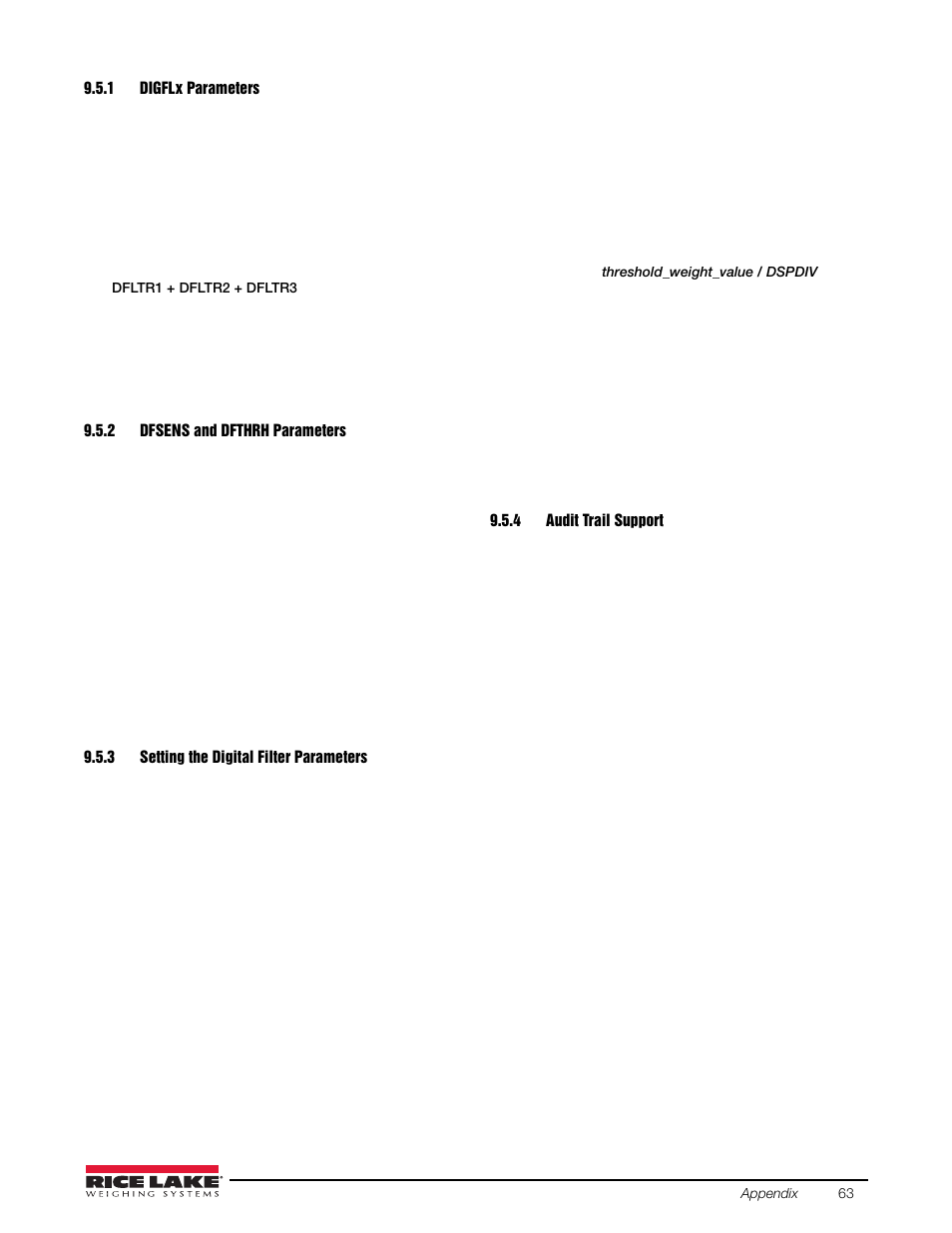 1 digflx parameters, 2 dfsens and dfthrh parameters, 3 setting the digital filter parameters | 4 audit trail support, Digfl x, Dfsens and dfthrh parameters, Setting the digital filter parameters, Audit trail support | Rice Lake Static Weighing User Manual | Page 67 / 78