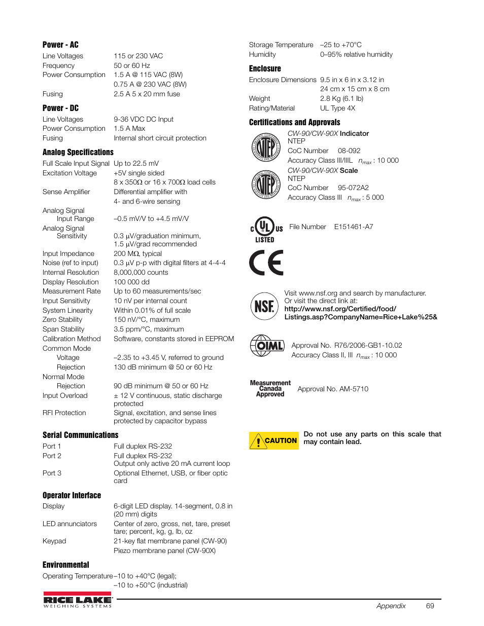 Power - ac, Power - dc, Analog specifications | Serial communications, Operator interface, Environmental, Enclosure, Certifications and approvals | Rice Lake Static Weighing User Manual | Page 73 / 78